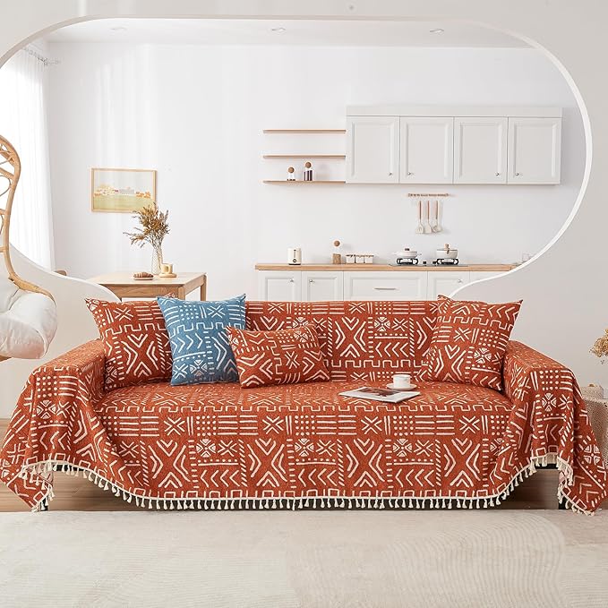 HANDONTIME Boho Aztec Sofa Slipcover for Sofa/Couch Farmhouse Geometric Couch Protector for Dogs with Tassel Brick Orange Couch Covers Sofa Cover for Dogs Cats Kids Bohemian Sofa Décor, 71" X134"