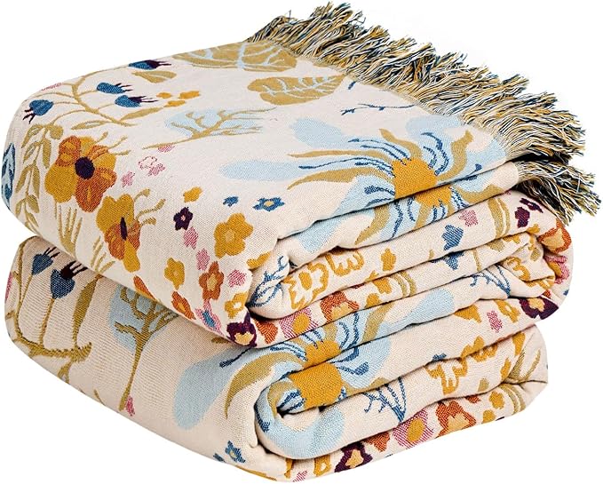 MSGKV Boho Throw Blanket for Couch 100% Cotton 50"x60" Floral Blanket Sofa Chair Throws Spring Breathable Lightweight Farmhouse Blankets Home Decor All Seasons