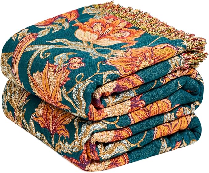MSGKV Boho Throw Blanket for Couch Chair 100% Cotton Floral Bird Blanket 50"x60" Sofa Blankets Muslin Spring Breathable Lightweight Farmhouse Blankets Home Decor All Seasons