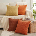 Fancy Homi Set of 4 Fall Decorative Throw Pillow Covers 12x12 Inch for Couch Bed Chair, Burnt Orange Series Farmhouse Boho Room Decor, Soft Fuzzy Corduroy Textured Striped Cushion Case 30cm