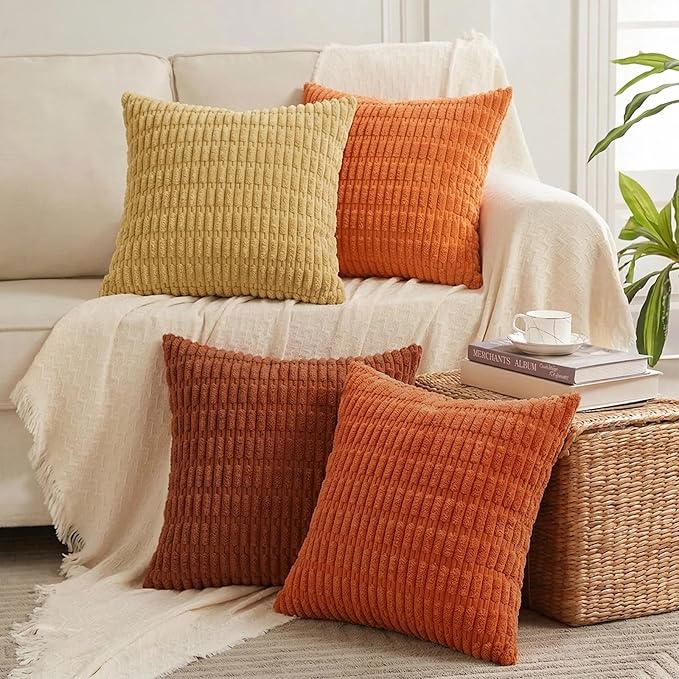 Fancy Homi Set of 4 Burnt Orange Fall Decorative Throw Pillow Covers 14x14 Inch for Couch Bed Chair, Modern Farmhouse Boho Room Decor, Soft Fuzzy Corduroy Textured Striped Cushion Case 35cm