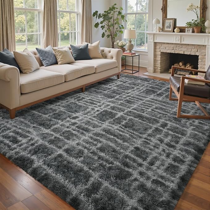 6x9 Ft Large Shag Rugs for Living Room Decor, Tie-Dyed Ultra Soft Fluffy Furry Area Rugs for Bedroom Indoor Floor, Aesthetic Carpet for Kids Home (Grey)