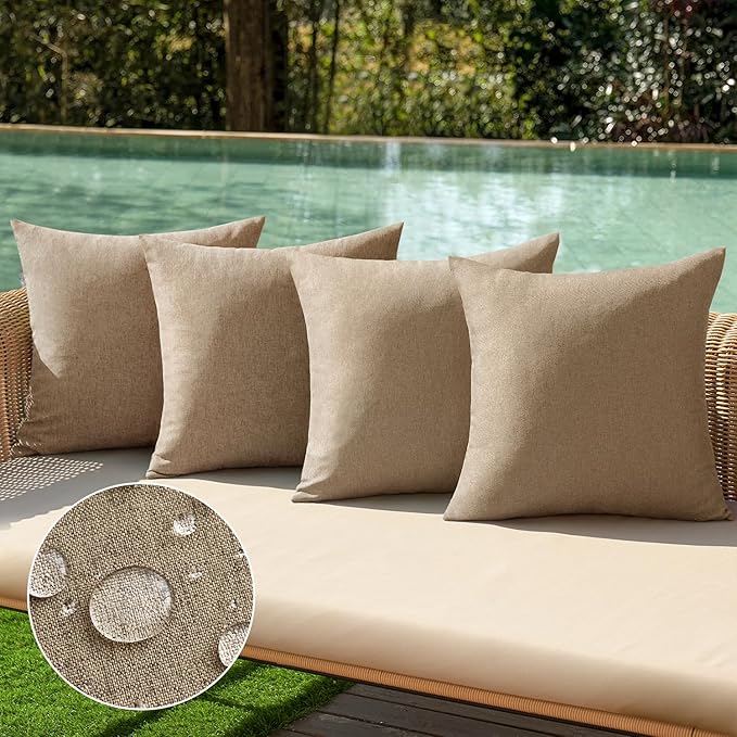MIULEE Pack of 4 Decorative Outdoor Throw Pillow Covers Linen Waterproof Pillow Covers Farmhouse Cushion Cases for Patio Garden Tent Balcony Couch Sofa 16x16 inch Khaki
