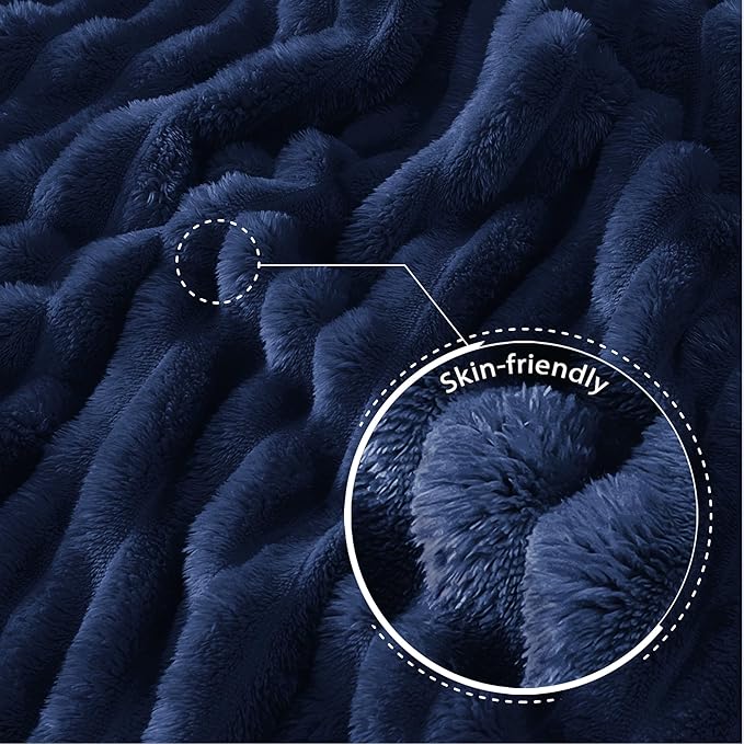 Exclusivo Mezcla King Size Flannel Fleece Blanket, Super Soft Striped Jacquard Bed Blanket, Lightweight Fuzzy Cozy for All Seasons, 90x104 Inches, Navy Blue