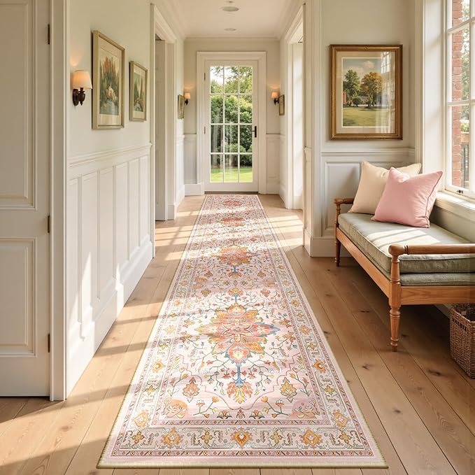 Area Rugs 2'6''x14' Runner Rug Non Slip Washable for Kitchen Hallway Bedroom Beside Laundry Room Bathroom Rug, Floor Carpet, Light Pink Colorful