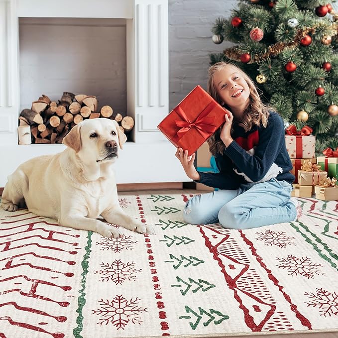 Nakagishi Christmas Rugs: 8x10 Washable Boho Large Neutral Soft Rug Stain Resistant Modern Indoor Floor Non-Slip Carpet for Bedroom Nursery Kids Playroom Office Dining Room Dorm