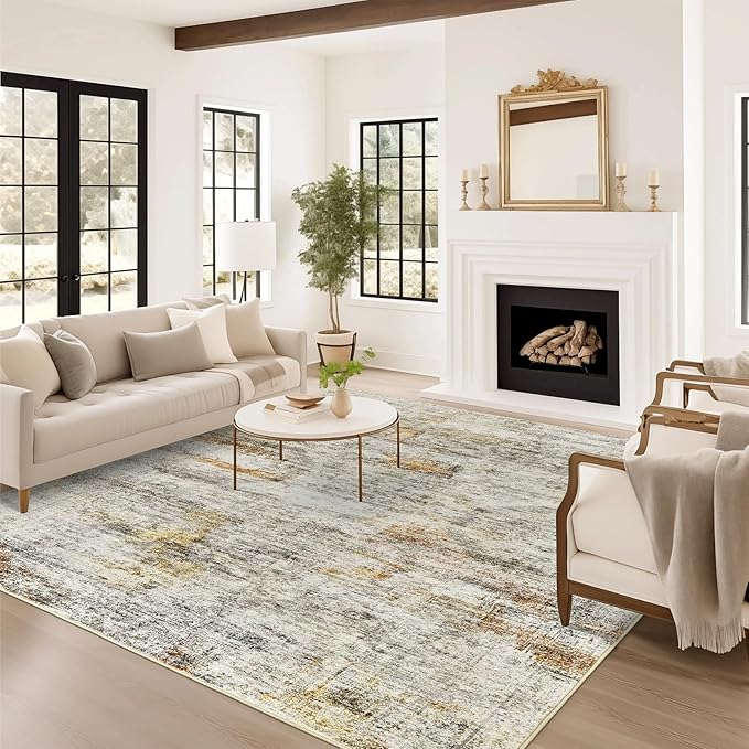 5x7 Area Rugs Gray Rust Low Pile Indoor Washable Trendy Faded Style Rugs for Bedroom Living Room Dining Room Foldable Non-Slip Thin Print Mat