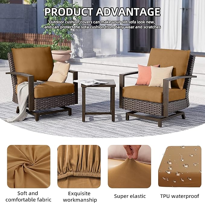 12Pcs Outdoor Cushion Covers, Patio Cushion Covers,Stretch Elastic Slipcovers, Replacement Washable & Reusable Furniture Protector for Patio Couch (Camel Color,Cover Only)