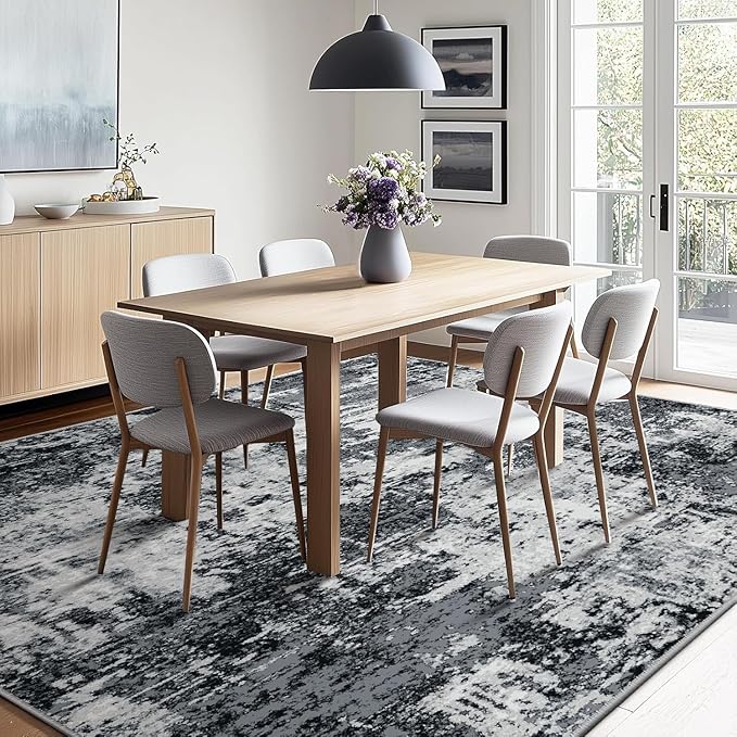 Washable Area Rugs 10'x12' Non-Slip Modern Abstract Soft for Living Room Entryway Bedroom Nursery, Print Pattern, Black Navy Blue Gray