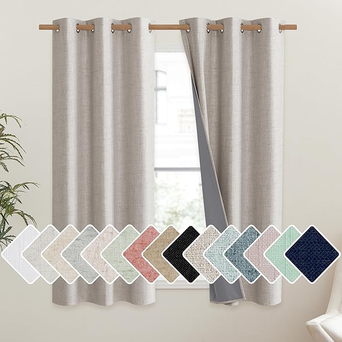 NICETOWN Brich Vintage Open Linen Weave Flax Thermal Curtains, 100% Blackout Curtains 54" Long for Dining Room, Soundproof Window Treatment Drapes for Kitchen, 42" Wide Per Panel, Set of 2