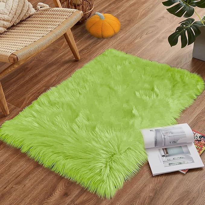 Goolela Lime Green Fluffy Fuzzy Fur Rug for Bedroom 2x3 Faux Sheepskin Area Rug Furry Shaggy Dorm Bedside Soft Washable Rectangle
