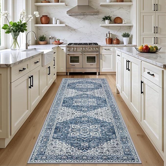 Hallway Runner Rug Non Slip - Washable 2.6x8 Kitchen Rugs for Living Room, Low-Pile Soft Bedroom Rug Indoor Floor Stain Resistant Carpets for Entryway, Laundry, Bathroom Blue