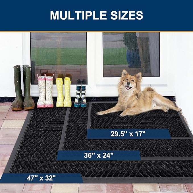 Smiry Front Door Mat Outside Entrance, Heavy Duty Sturdy Natural Rubber Doormat, Trap Dirt and Moisture, Easy Clean Low Profile Mats for Indoor Outdoor Entry, Irregular Triangle (29.5x17, Black)