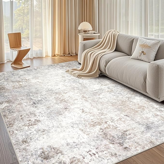 Washable Rugs 8x10 Area Rugs for Living Room,Modern Abstract Rugs for Bedroom,Large Carpets,Ultra Soft Faux Wool Retro Dining Room Rug,Non Slip&Non-Shedding Low Pile Print Rug- Beige Grey