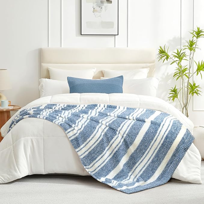 Snuggle Sac Stripe Blue Blankets Luxurious Microfiber Fabric, Reversible Super Soft Bedding Blankets Warm Cozy Knit Fuzzy Plush Blanket for Bed,Couch,Sofa,Living Room, Blue Stripe,60x80 inches