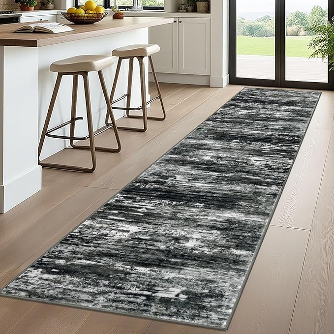 KOZYFLY Modern Abstract Washable Rug Runner 2.6x10 Hallway Rug Runner Non-Slip Soft Kitchen Runner Rugs, Black Grey Striped Carpet for Entryway Bathroom Laundry Room Foyer