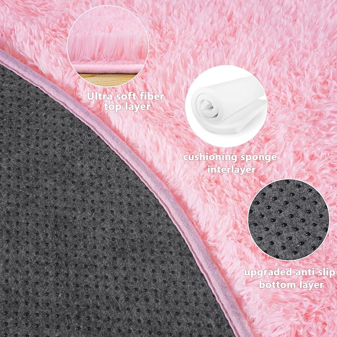 3'x3' Round Pink Rugs for Girls Bedroom, Ultra Soft Fluffy Circle Rug for Kids Room, Cute Small Shag Rugs for Living Room Playroom Tent Castle Home Decor Rug
