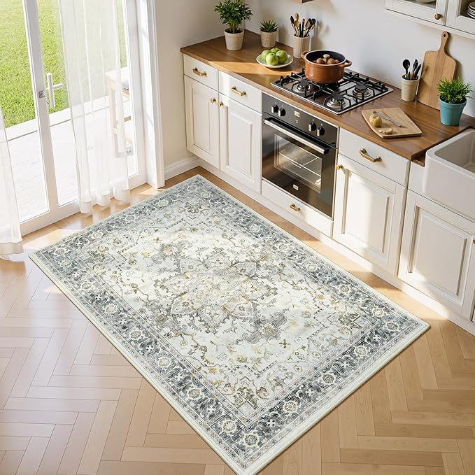 Lofus 3x5 Area Rugs for Entryway, Machine Washable Small Living Room Area Rug, Low Pile Non-Slip Rugs for Bedroom, Kitchen, Home Office, Vintage Oriental Print Rug, Taupe Grey