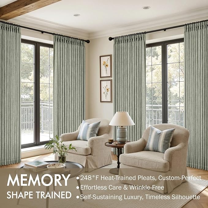 MIULEE Pinch Pleated Thick Linen Curtains 102 Inches Long 2 Panels for Living Room Bedroom, Memory Trained Drapes Pleat Back Tab Light Filtering Boho Sage Green Window Curtains with Hooks