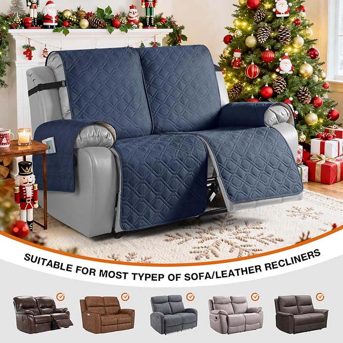 VANSOFY Waterproof Recliner Couch Covers, Sofa Covers 1-Piece Washable Reclining Sofa Cover Non-Slip Furniture Protector with Elastic Straps Pocket for Dogs, Pets(Navy Blue,2 Seater)