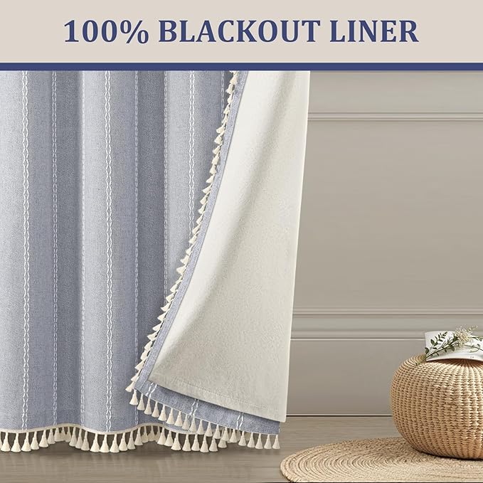 Blue Boho Blackout Curtains 2 Panels 84 Inch for Living Room Bedroom, Linen Texture Farmhouse Curtains with Tassels and White Cotton Embroidery Vintage Rustic Country Western