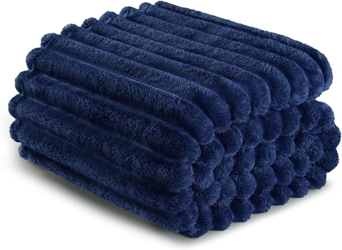 Exclusivo Mezcla Queen Size Flannel Fleece Blanket, Super Soft Striped Jacquard Bed Blanket, Lightweight Fuzzy Cozy for All Seasons, 90x90 Inches, Navy Blue