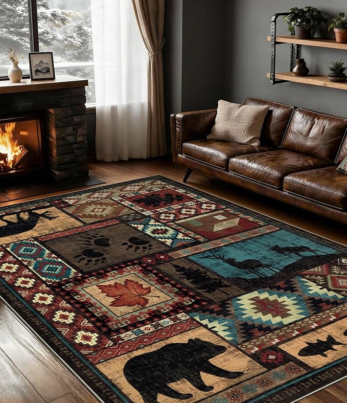 YIHOUSE Rustic Cabin Area Rug 5x7,Machine Washable Lodge Bear Rug,Non-Slip Low Pile Print Pattern Southwestern Rug for Living Room Bedroom