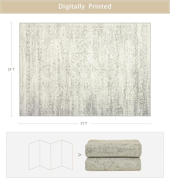 Srugn Washable Rugs 5x7 Area Rugs for Living Room,Bedroom,Dining Room- Large Ultra Soft Faux Wool Retro Carpets,Non Slip&Non-Shedding Low Pile Vintage Print Rug for Home Office Decor-Beige