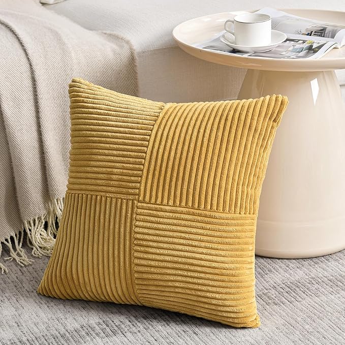 Fancy Homi 2 Packs Mustard Yellow Decorative Throw Pillow Covers 18x18 Inch for Living Room Couch Bed, Farmhouse Boho Home Decor, Soft Corss Corduroy Patchwork Textured Accent Cushion Case 45x45 cm