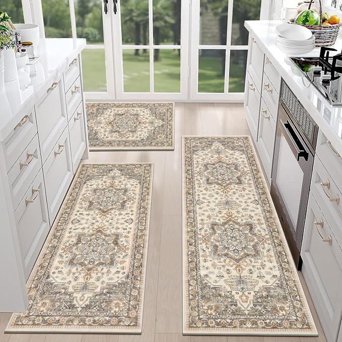 HEBE Boho Kitchen Rug Sets 3 Piece with Runner Non Slip Kitchen Rugs and Mats Washable Kitchen Mats for Floor Thick Kitchen Floor Mat Carpet Runner Rugs for Hallway Laundry Holiday Decor