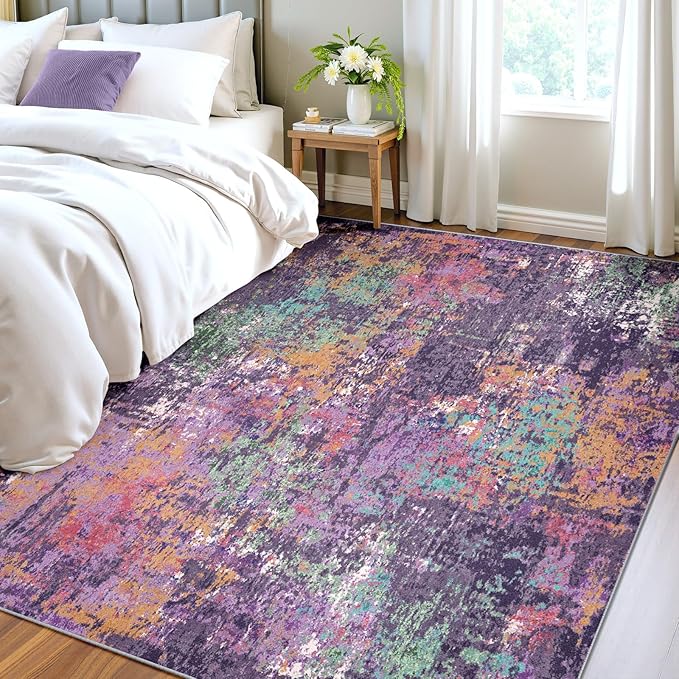 Washable Area Rugs 4'x6' Non-Slip Modern Abstract Soft for Living Room Entryway Bedroom Nursery, Print Pattern, Purple Orange Blue Green Rust Red Colorful