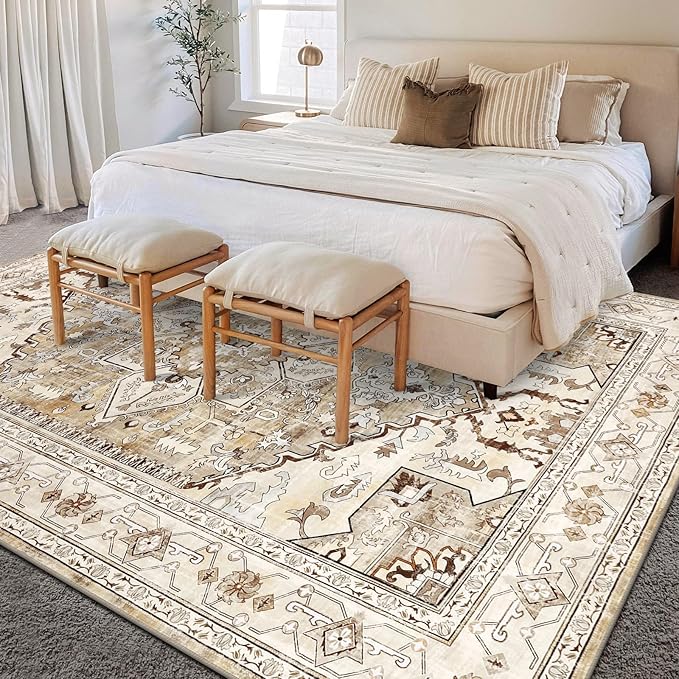 Yamaziot Area Rug 8x10, Non-Slip Washable Boho Vintage Living Room Bedroom Rug with Rubber Backing, Low Pile Faux Wool Soft Distressed Rug Floor Carpet for Living Room, Bedroom