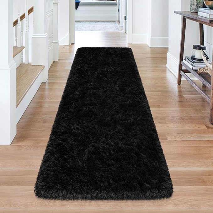 2x6 Bedside Area Rugs for Bedroom Soft Fluffy Shag Black Rug for Hallway Non-Slip Fuzzy Plush Living Room Rug Indoor Floor Carpet for Kids Rooms Dorm Nursery Modern Home Aesthetic Decor