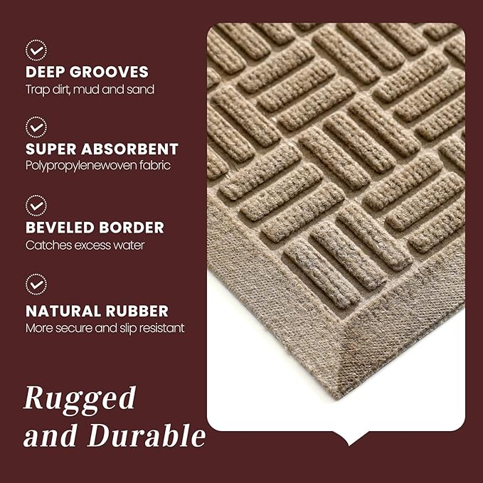 Mibao Front Door Mat Indoor Outdoor Entrance, Dirt Trapping Waterproof All-Season, All-Weather Doormat, Non-Slip Durable Natural Rubber Low Profile Easy Clean Patio Entrance Mat, 29.5" x 17", Beige
