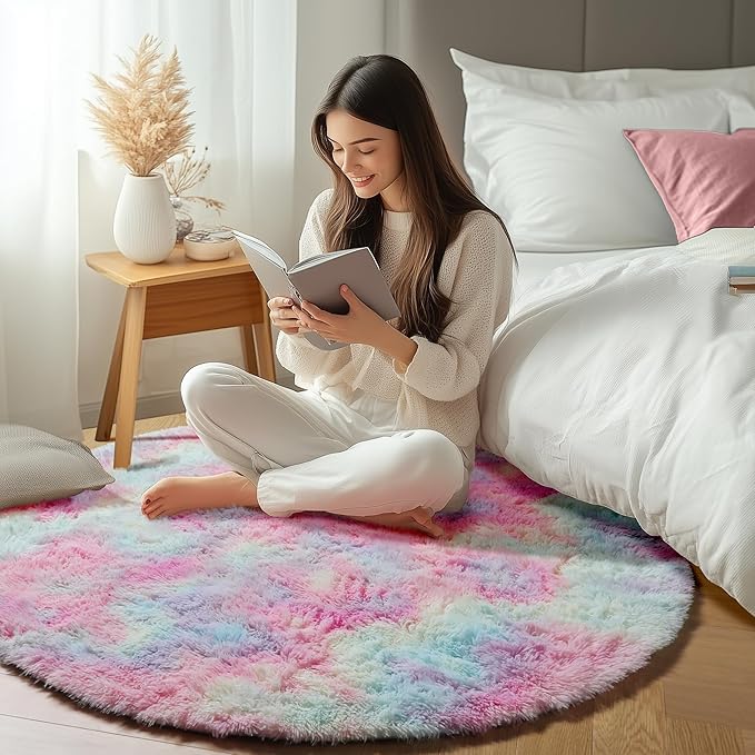 ONASAR Rainbow Round Rugs 6ft for Living Room Bedroom, Fluffy Circle Area Rug for Kids Girls Boys Teen, Soft Plush Shaggy Carpet for Nursery Dorm Classroom Playroom Home Decor Aesthetic
