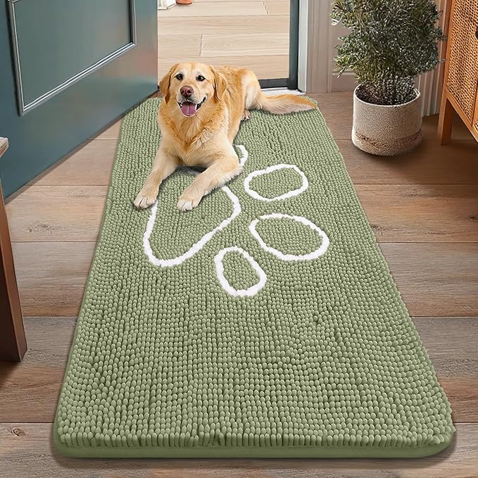 Smiry Dog Door Mat for Muddy Paws, Absorbent Dirt Trapper Non Slip Quick Dry Washable Chenille Mat for Mud Dogs, Entry Rug for Indoor and Outdoor (48x30 Inches, Sage Green and White)