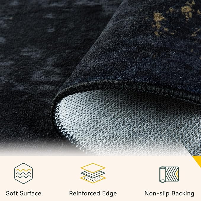 Washable Area Rugs 8'x10' Non-Slip Modern Abstract Soft for Living Room Entryway Bedroom Nursery, Print Pattern, Dark Black Gold
