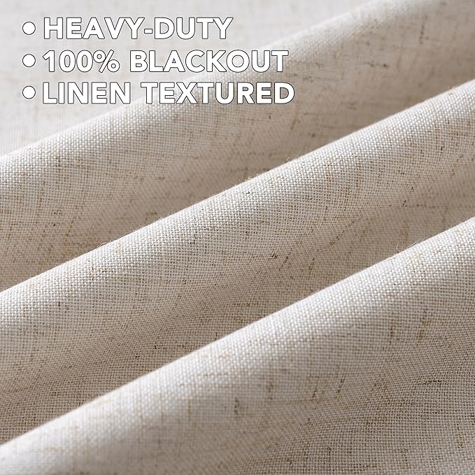 H.VERSAILTEX Linen Curtains 100% Blackout Curtains for Bedroom 84 inch Long Full Light Blocking Nature Linen Blended Window Curtains for Living Room Nickel Grommet (2 Panels, Heathered Natural)