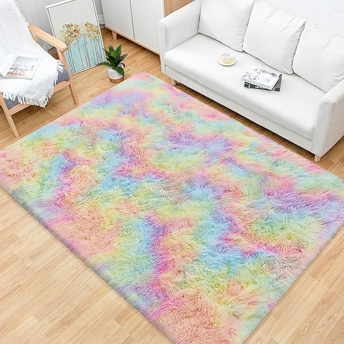 Fluffy Rainbow Colorful Area Rug for Girls Bedroom 4x6 Kawaii Tie Dye Rug Fuzzy Indoor Floor Unicorn Rug for Living Room Kids Nursery Baby Princess Room Dorm Home Decor Aesthetic Carpets