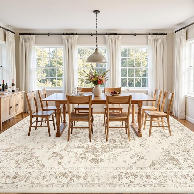 6x9 Area Rugs for Living Room: Vintage Boho Neutral Washable Rug Indoor Soft Large Area Rug Carpet for Bedroom Nursery Farmhouse Dining Room Office Floor Non-Slip Low Pile Under Table Rug Beige/Ivory