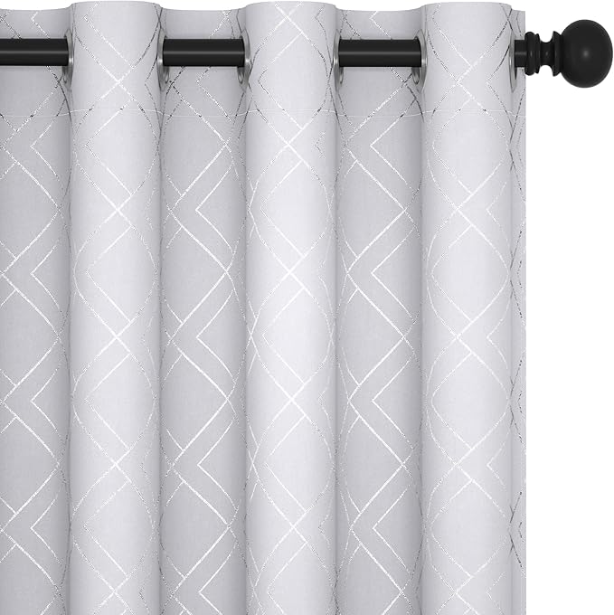Deconovo White Room Darkening Curtains for Kitchen Nursery Office (52x63 Inch, Silver Grey/Geometry, 2 Panels) Thermal Insulated Soundproof Drapes for Bedroom Living Room