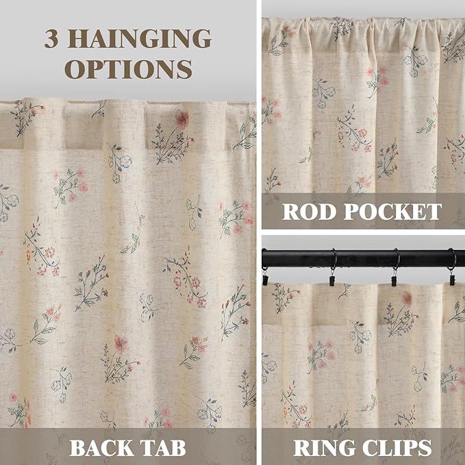 Boho Floral Spring Light Filtering Curtains 63 Inch Length 2 Panels Set, Farmhouse Semi Sheer Bedroom Living Room Vintage