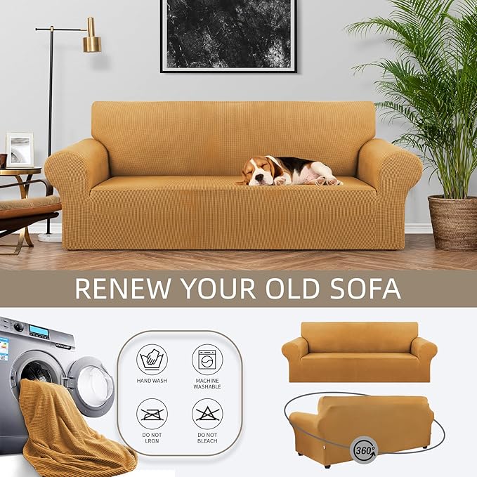 KEKUOU Stretch Sofa Cover Slipcover ，Couch Covers for 3 Cushion Couch Sofa pet Friendly (78"-94") Furniture Protector Sofa with Elastic Bottom for Kids,Dog, Jacquard Small Checked(Large,Golden)