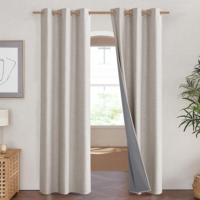 NICETOWN Brich Vintage Open Linen Weave Flax Thermal Curtains, 100% Blackout Curtains 84" Long for Dining Room, Soundproof Window Treatment Drapes for Hall Room, 42" Wide Per Panel, Set of 2