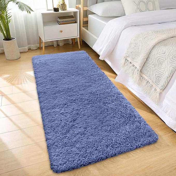 OLANLY 2x6 Machine Washable Runner Rugs for Hallway, Soft Fluffy Shaggy Bedside Rugs for Bedroom, Living Room, Indoor Floor Carpet for Kids Girls and Boys, Home Decor Aesthetic, Denim Blue