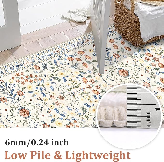 Yamaziot Washable Runner Rug 2x8 – Boho Non Slip Floral Hallway Runner Rug with Rubber Backing, Low Pile Distressed Carpet for Kitchen, Laundry, Bedroom, Entrance, Colorful Beige