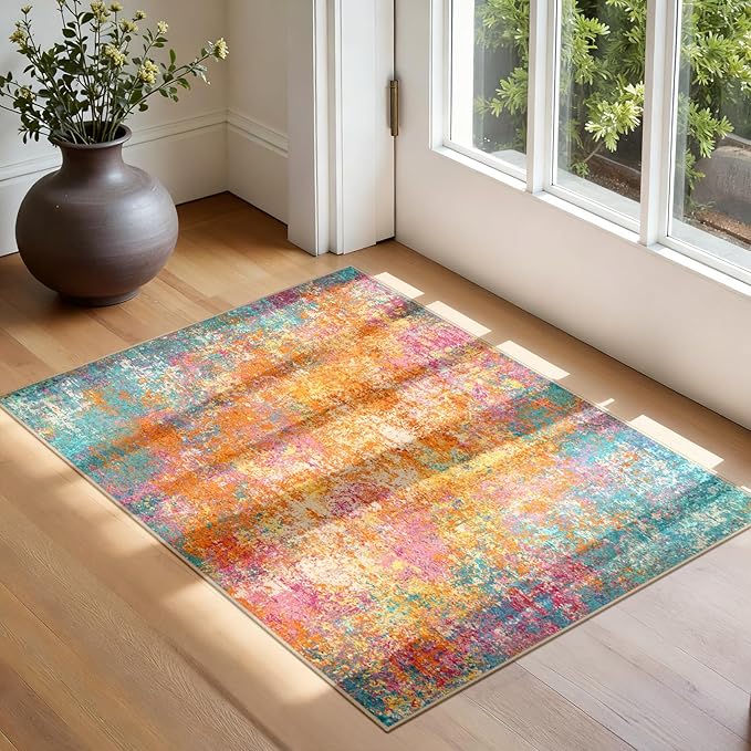 Washable Area Rugs 2'x3' Non-Slip Modern Abstract Soft for Living Room Entryway Bedroom Nursery, Print Pattern, Orange Blue Pink Yellow Colorful