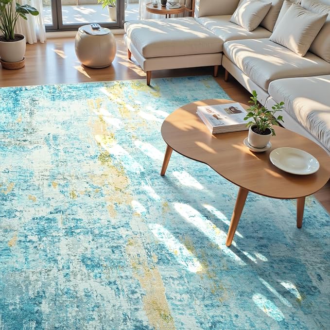 Ompaa Living Room Rug 8x10 Teal Blue Area Rugs Machine Washable Abstract Boho Large Rug Non-Slip Non-Shedding Faux Wool Indoor Vintage Carpet for Bedroom, Classroom, Dining Room, Kids Playroom
