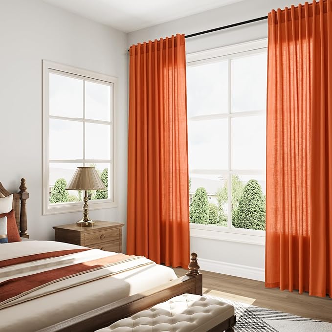 Nanspring Bright Orange Linen Blend Light Filtering Back Tab Curtains 84 Inches Long, Semi Sheer Privacy Drapes for Living Room & Bedroom Simple Style, 52x84 inch, 2 Panels