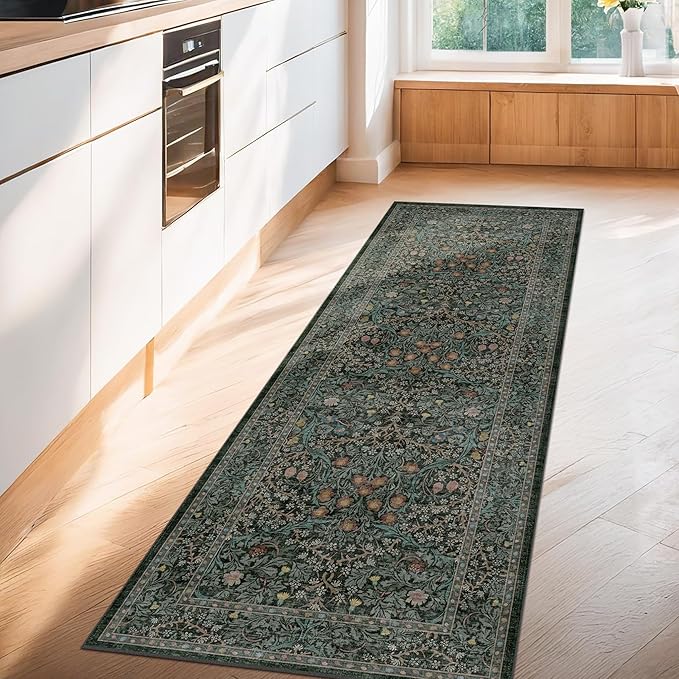 Hazo Haus Washable Dark Green 2x10 Runner Rug for Hallway, Kitchen, 10 ft Non Slip Stain Resistant Extra Long Soft Rugs, Vintage Floral Unique Botanical Floor Mat